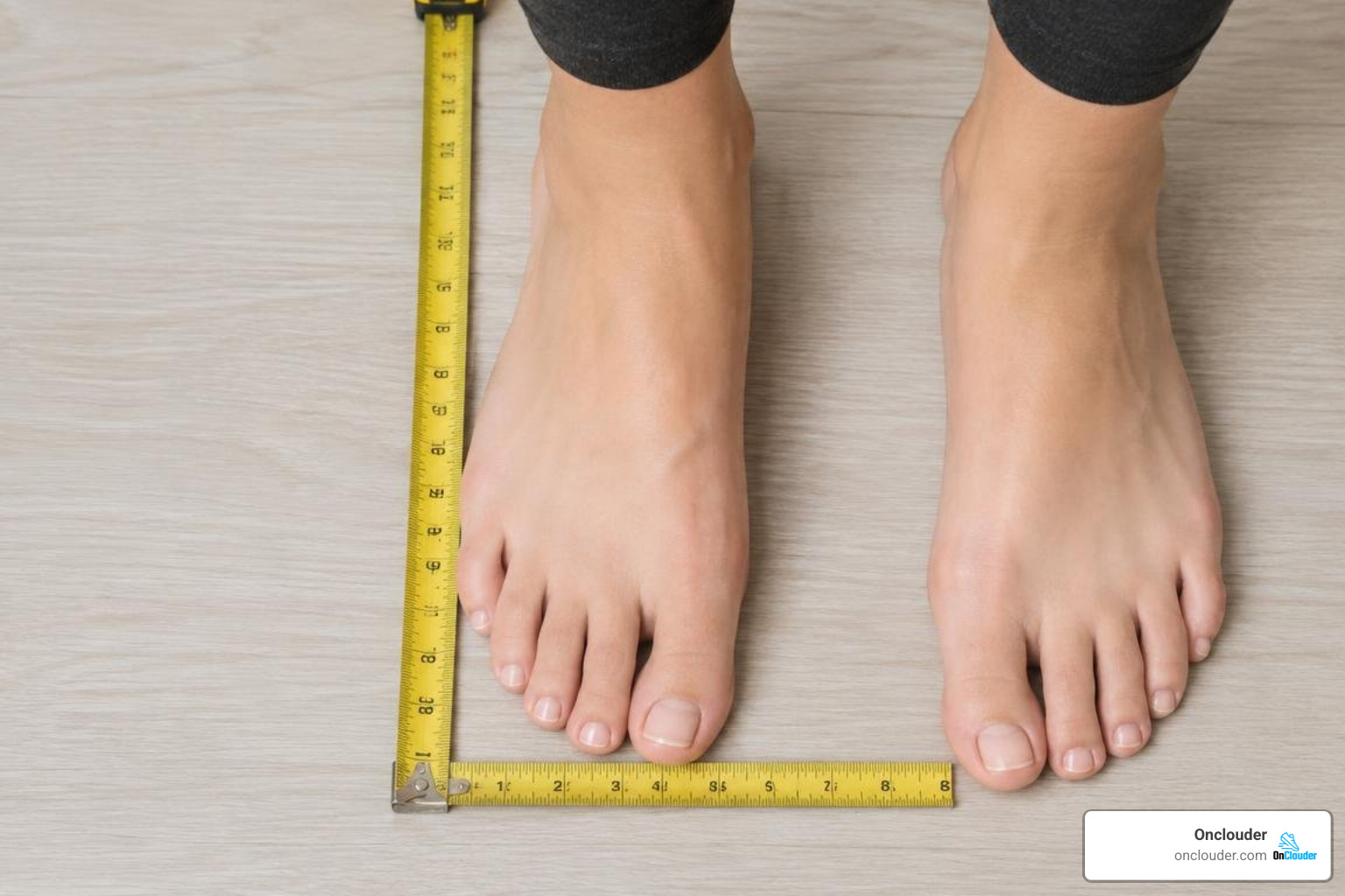 Measuring foot length and width with a ruler against a wall