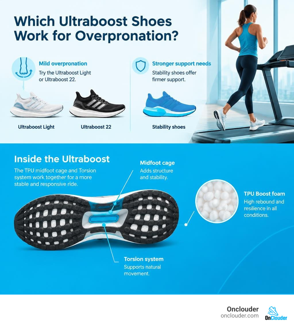 Ultraboost Light and 22 for mild overpronation, stability shoes for stronger support needs infographic
