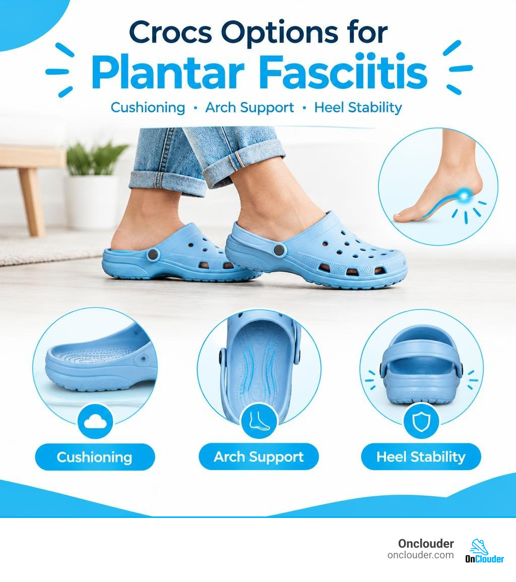 Crocs options for plantar fasciitis: cushioning, arch support, and heel stability infographic Crocs options for plantar fasciitis: cushioning, arch support, and heel stability infographic