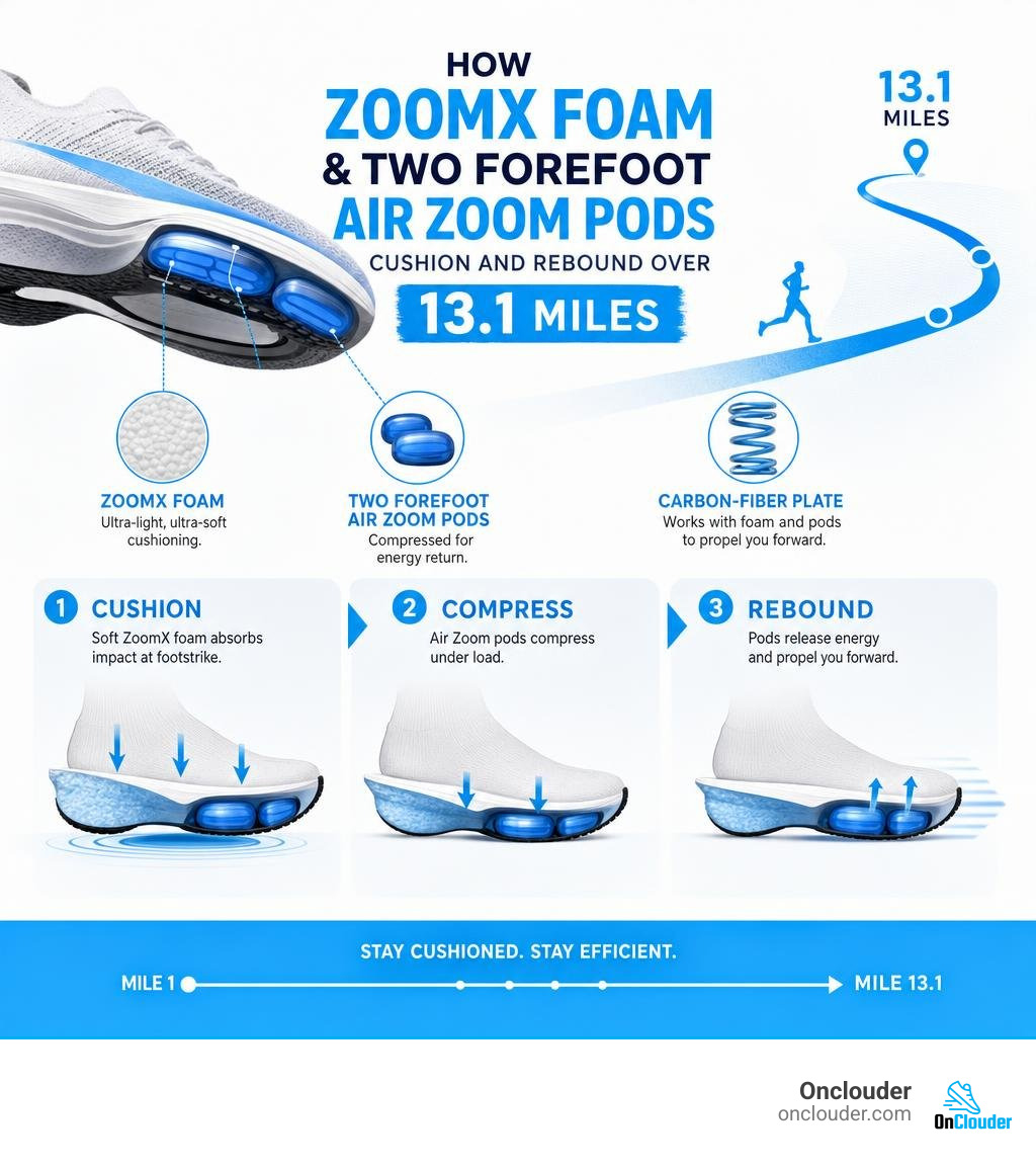 How ZoomX foam and two forefoot Air Zoom pods cushion and rebound over 13.1 miles infographic