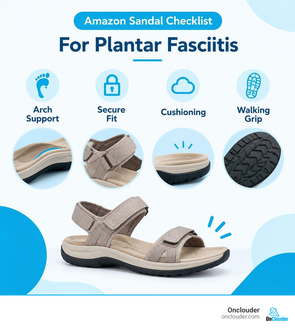 Amazon sandal checklist: arch support, secure fit, cushioning, and walking grip infographic Amazon sandal checklist: arch support, secure fit, cushioning, and walking grip infographic