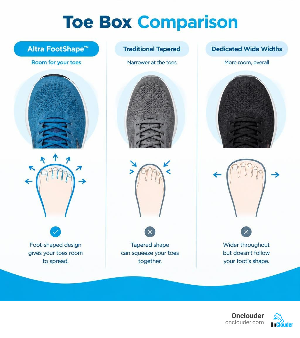 Comparison of Altra FootShape toe room, traditional tapered toe boxes, and dedicated wide widths infographic