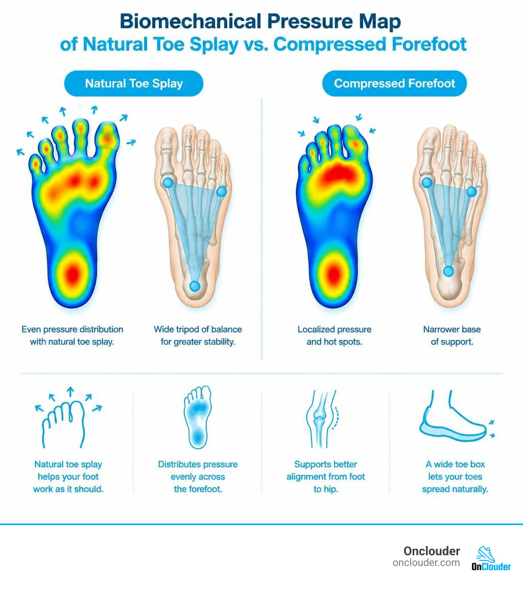 Biomechanical pressure map of natural toe splay versus compressed forefoot infographic