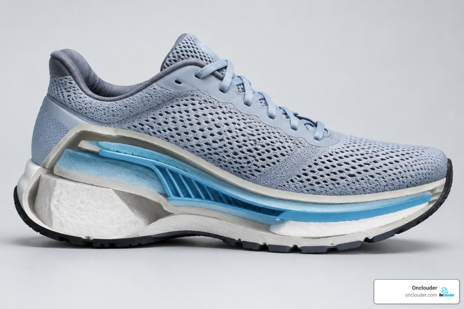 Cross section of Altra midsole foam, GuideRail support, and engineered mesh upper