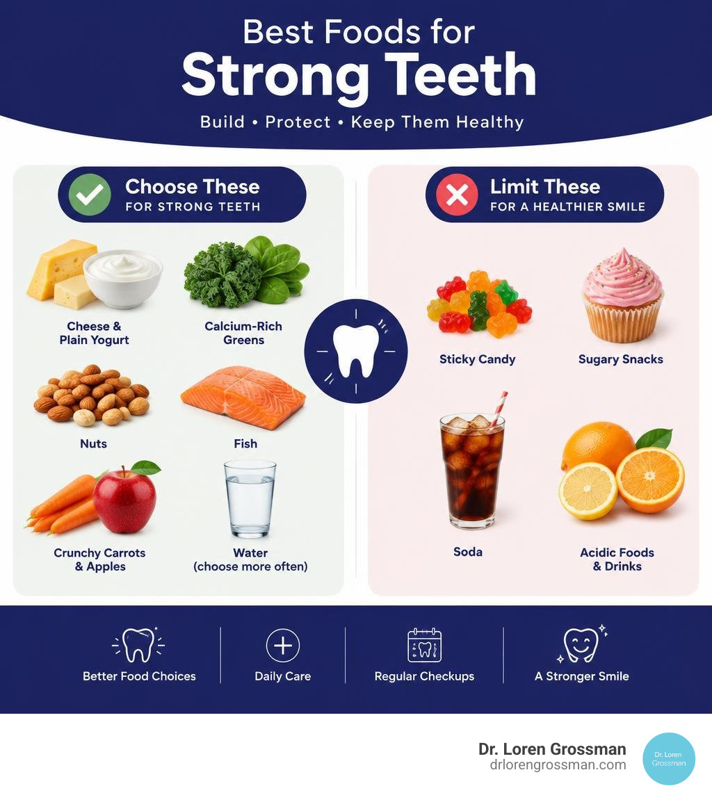 Best foods for strong teeth compared with sugary and acidic foods to limit infographic