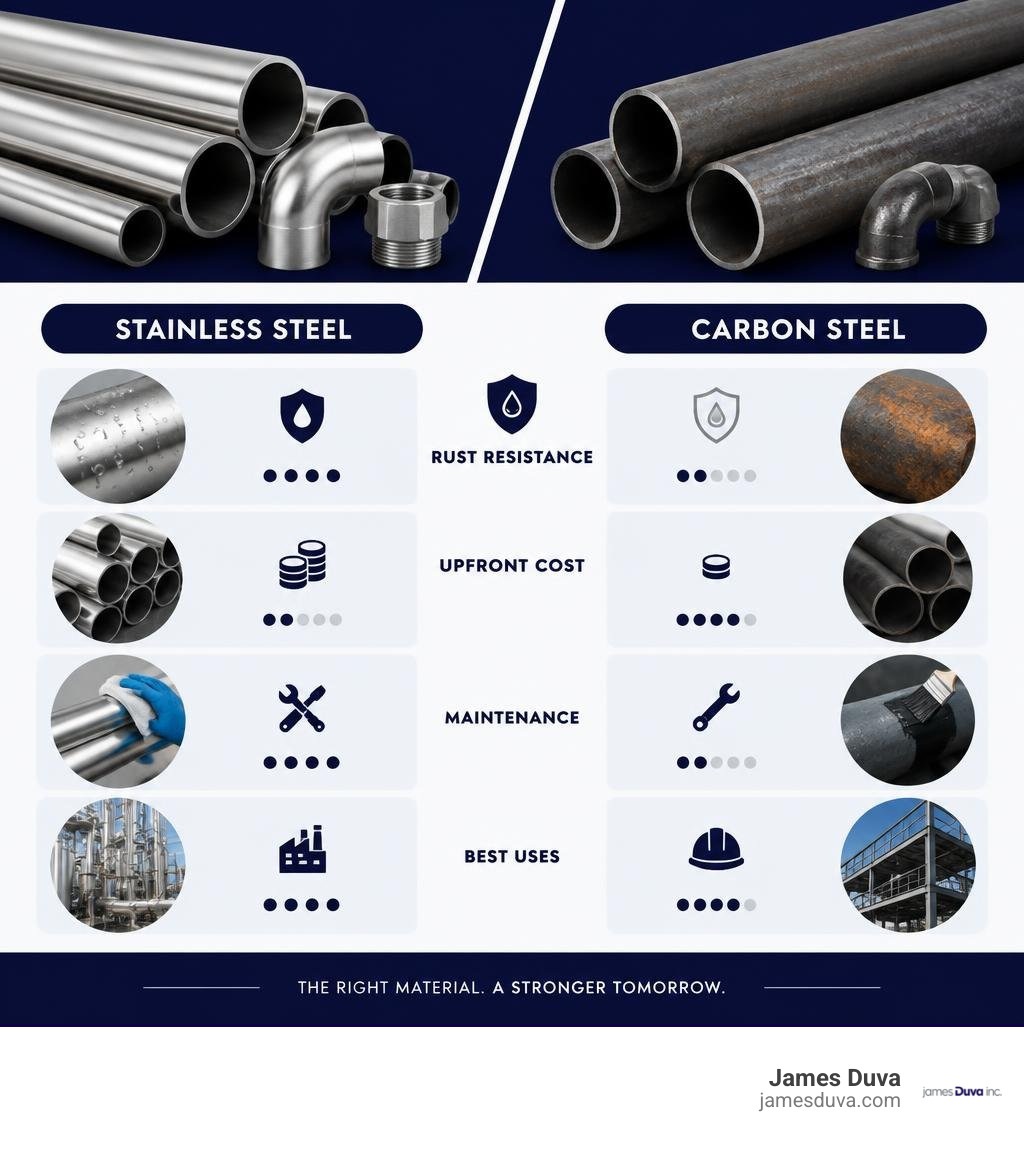 Infographic comparing stainless steel and carbon steel by rust resistance, upfront cost, maintenance, and best uses