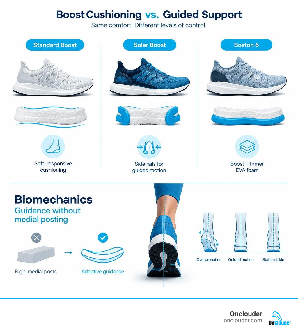 Infographic comparing standard Boost cushioning with guided support in Solar Boost and Boston 6 infographic