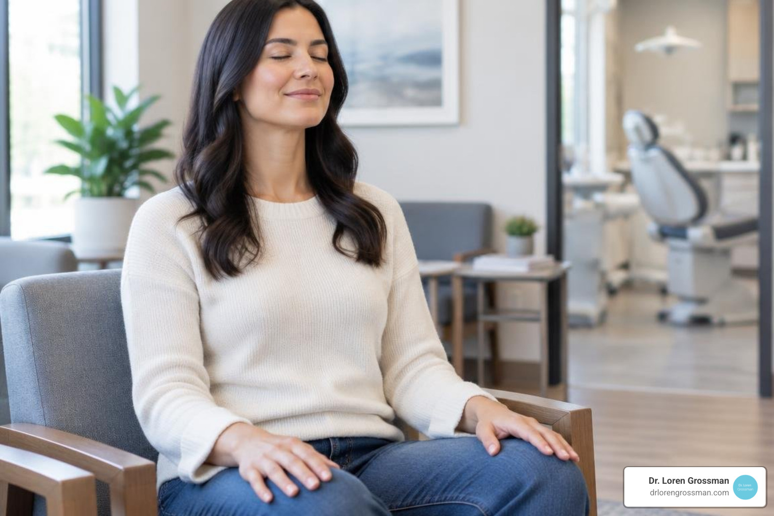 patient practicing deep breathing in a waiting area patient practicing deep breathing in a waiting area