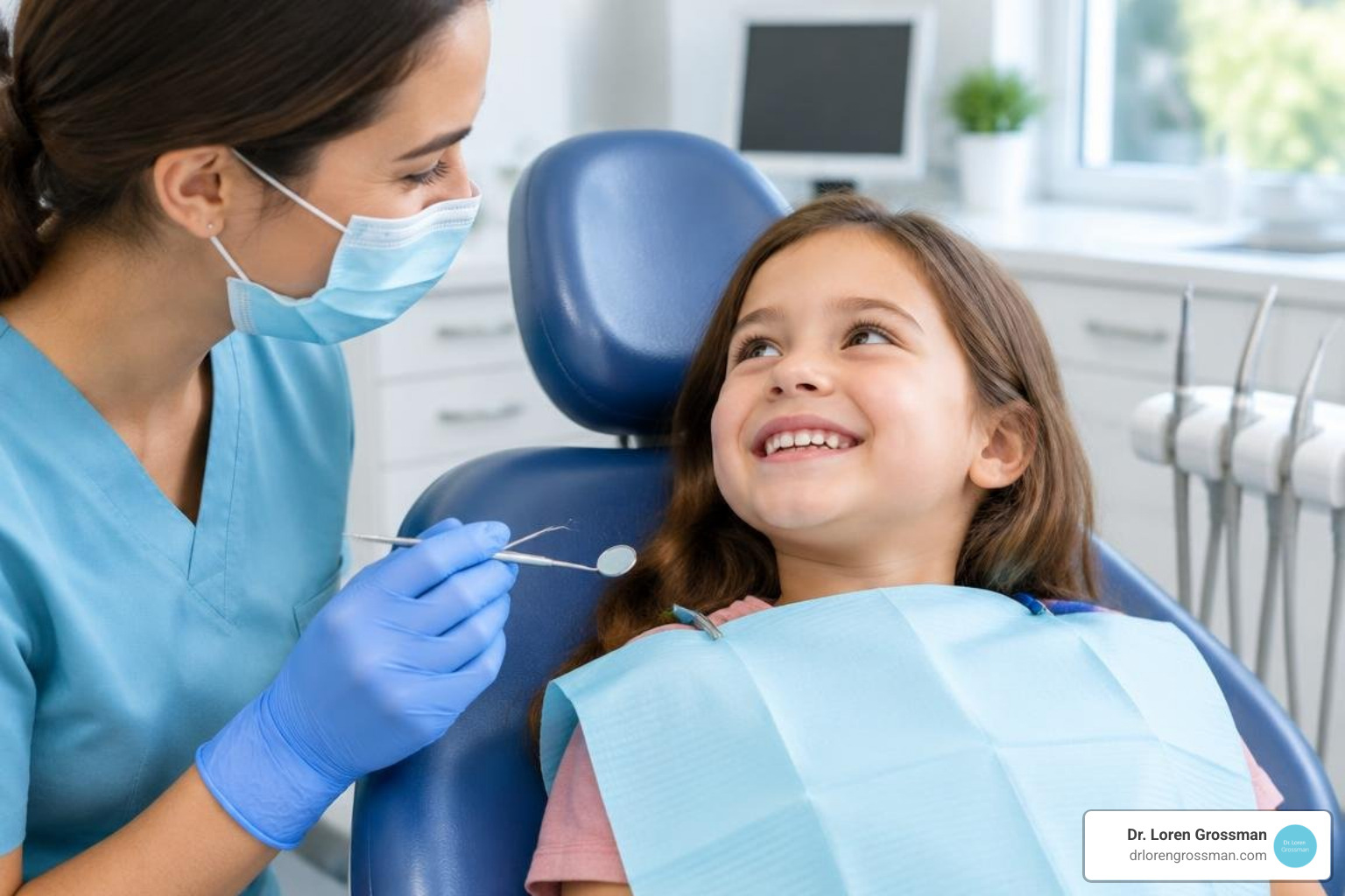 child smiling during a routine pediatric dental exam