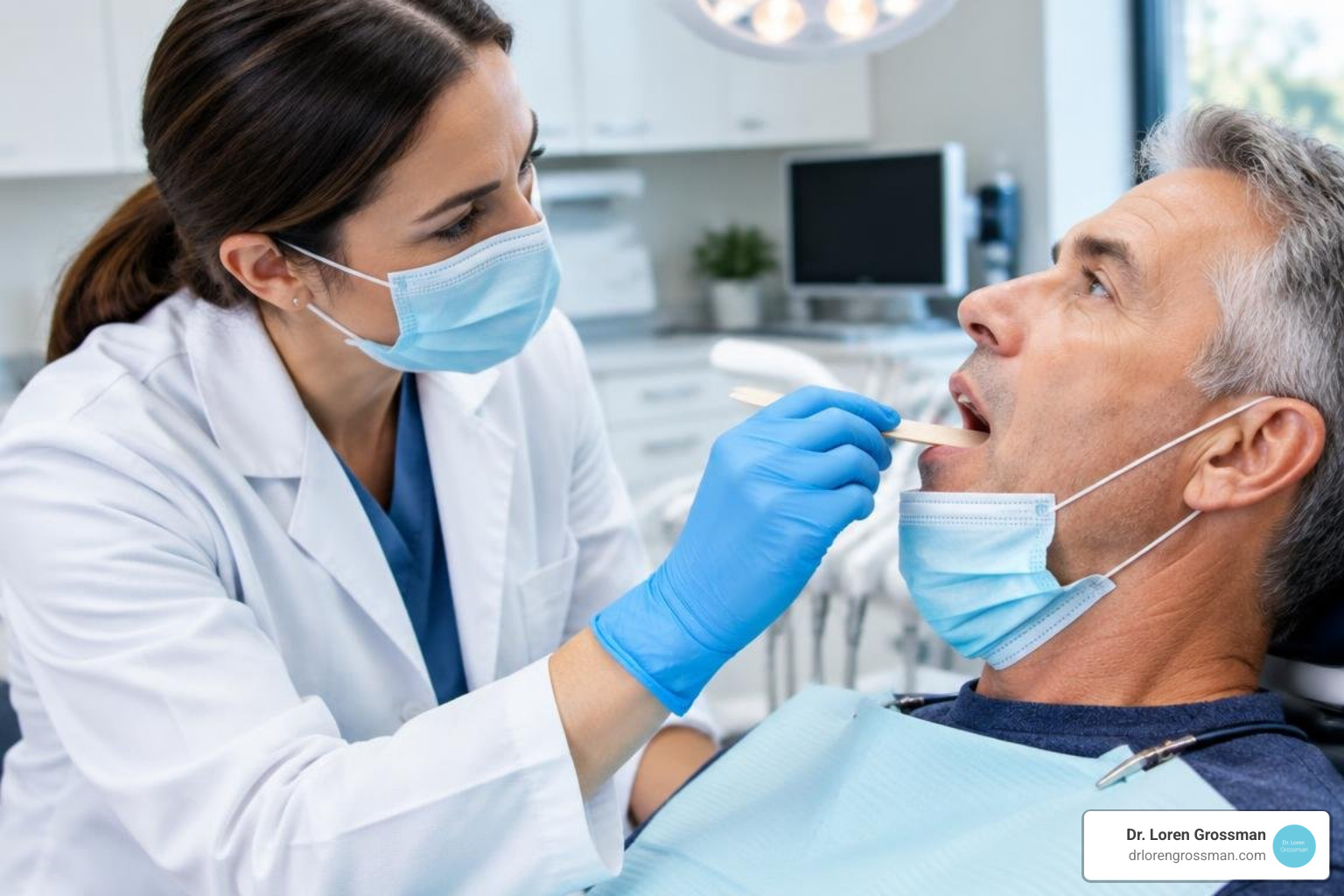 dentist performing a comprehensive oral cancer examination