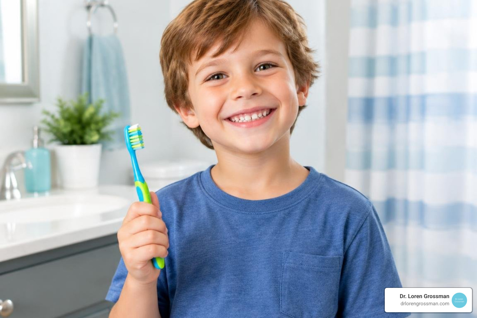 Happy child holding colorful toothbrush