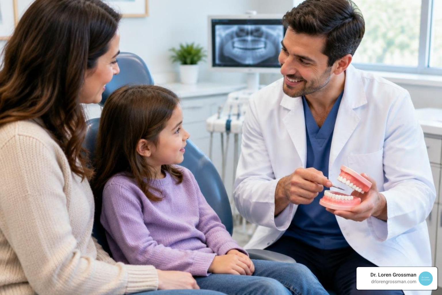 dentist explaining treatment options to a parent and child