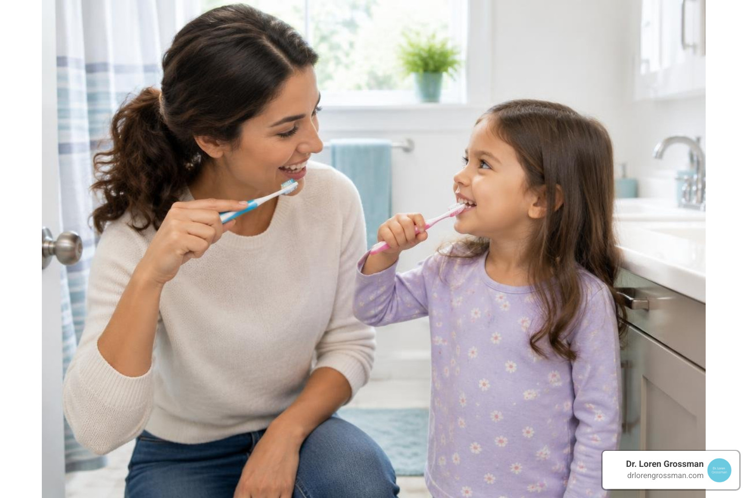 parent demonstrating proper tooth brushing technique to young child