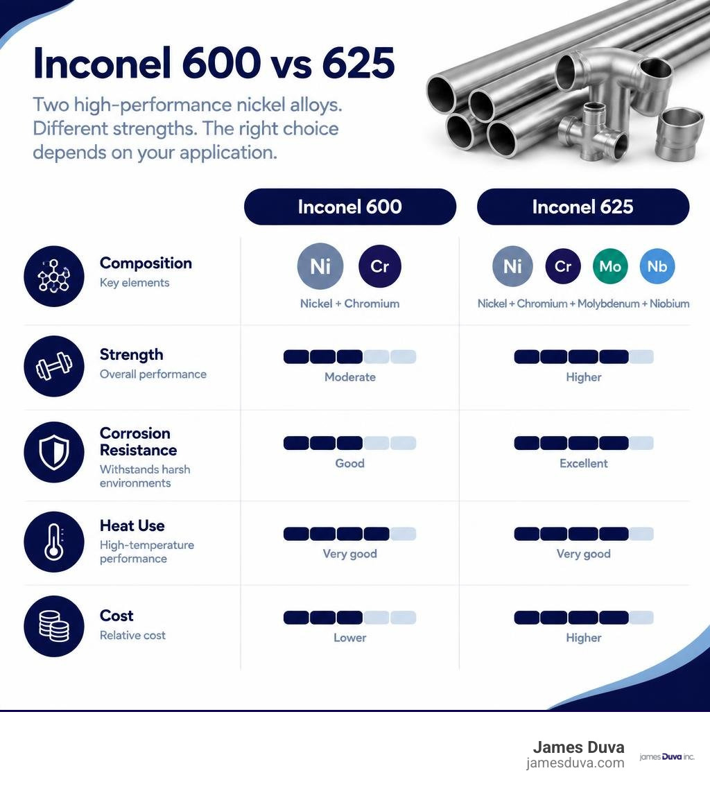 Comparison of Inconel 600 and 625 composition, strength, corrosion resistance, heat use, and cost infographic
