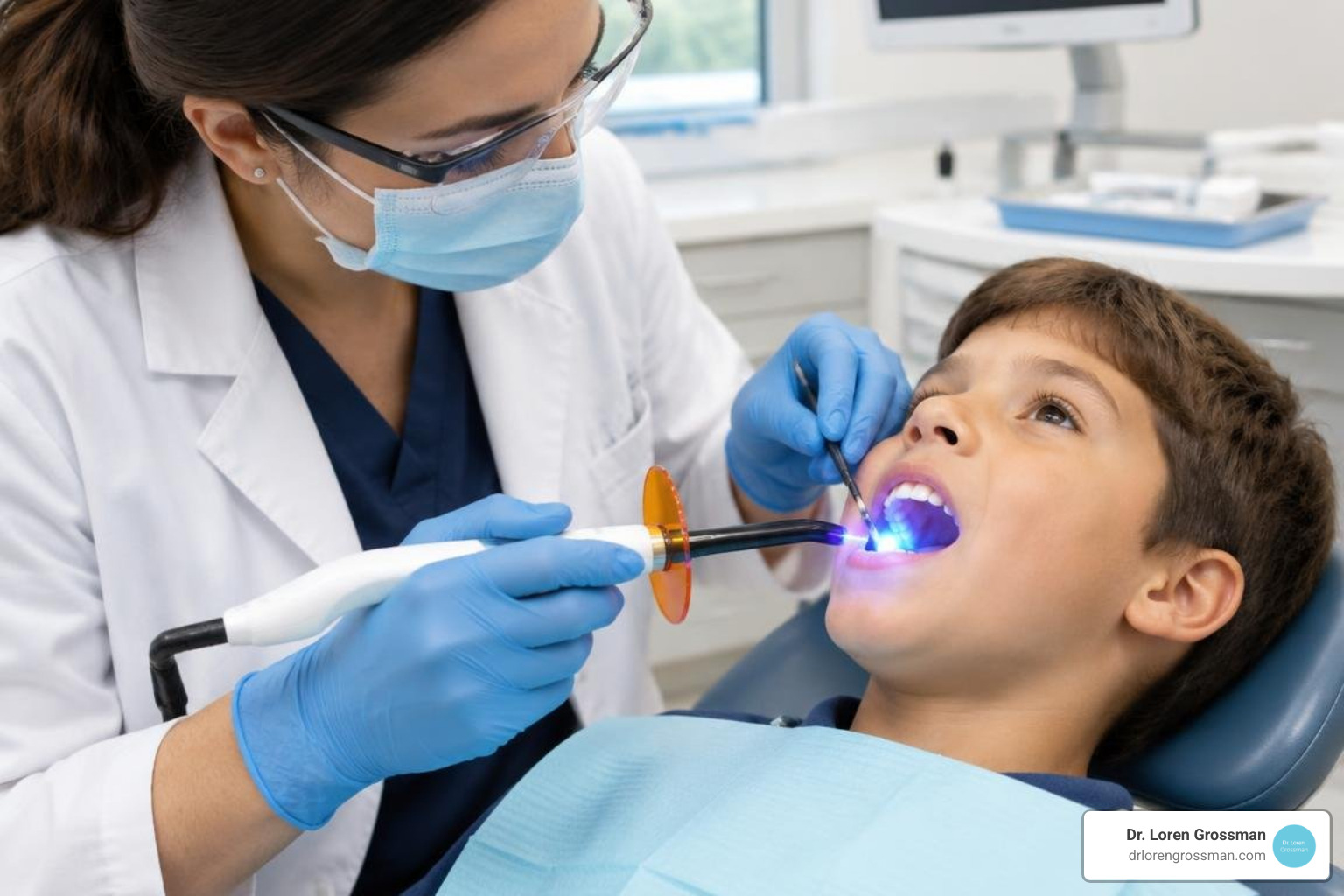 dentist applying sealant to child's tooth using a curing light