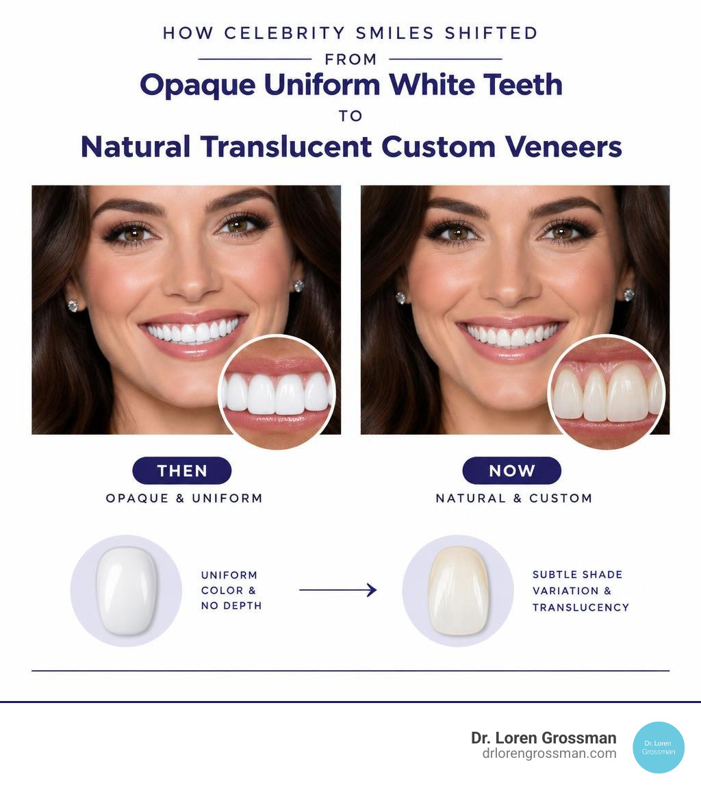 How celebrity smiles shifted from opaque uniform white teeth to natural translucent custom veneers infographic