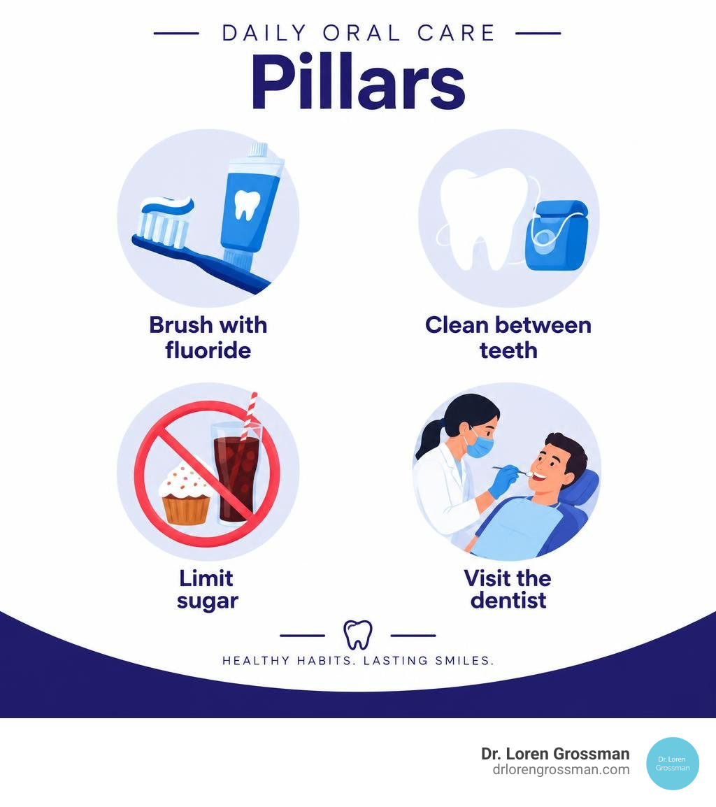 Daily oral care pillars: brush with fluoride, clean between teeth, limit sugar, and visit the dentist infographic