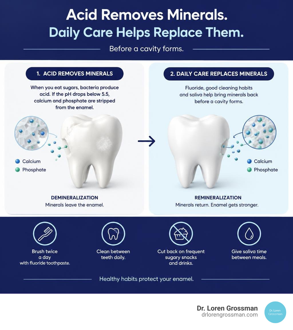How acid removes enamel minerals and daily care helps replace them before a cavity forms infographic
