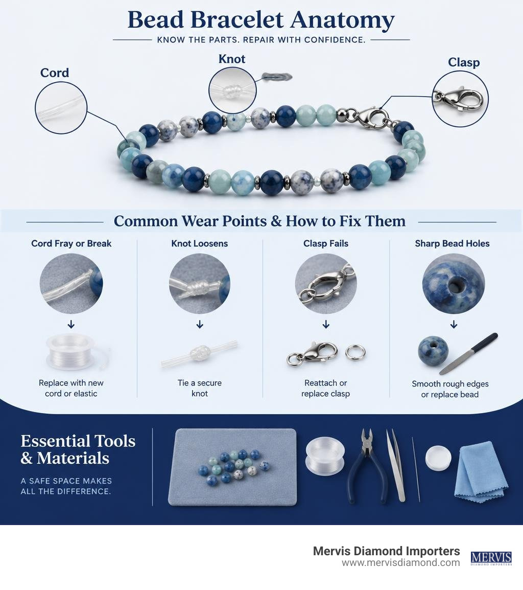 Bead bracelet anatomy showing cord, knot, clasp, and common wear points with matching repair steps infographic