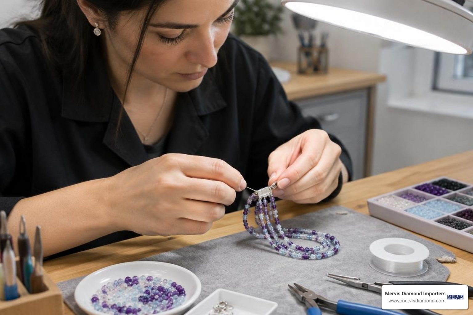 jeweler professionally restringing a multi-strand gemstone bracelet at a repair bench