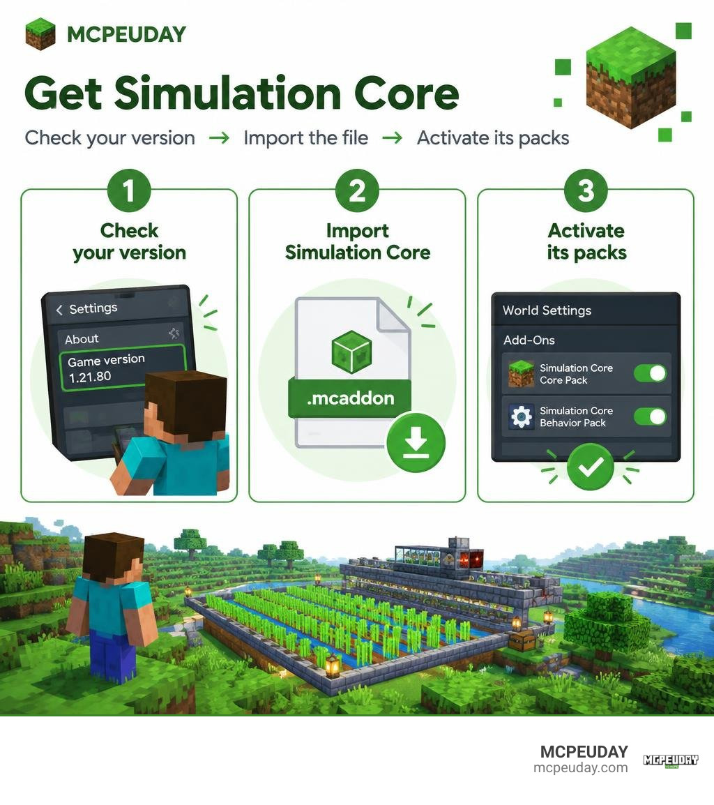 Infographic showing how to check your version, import Simulation Core, and activate its packs infographic