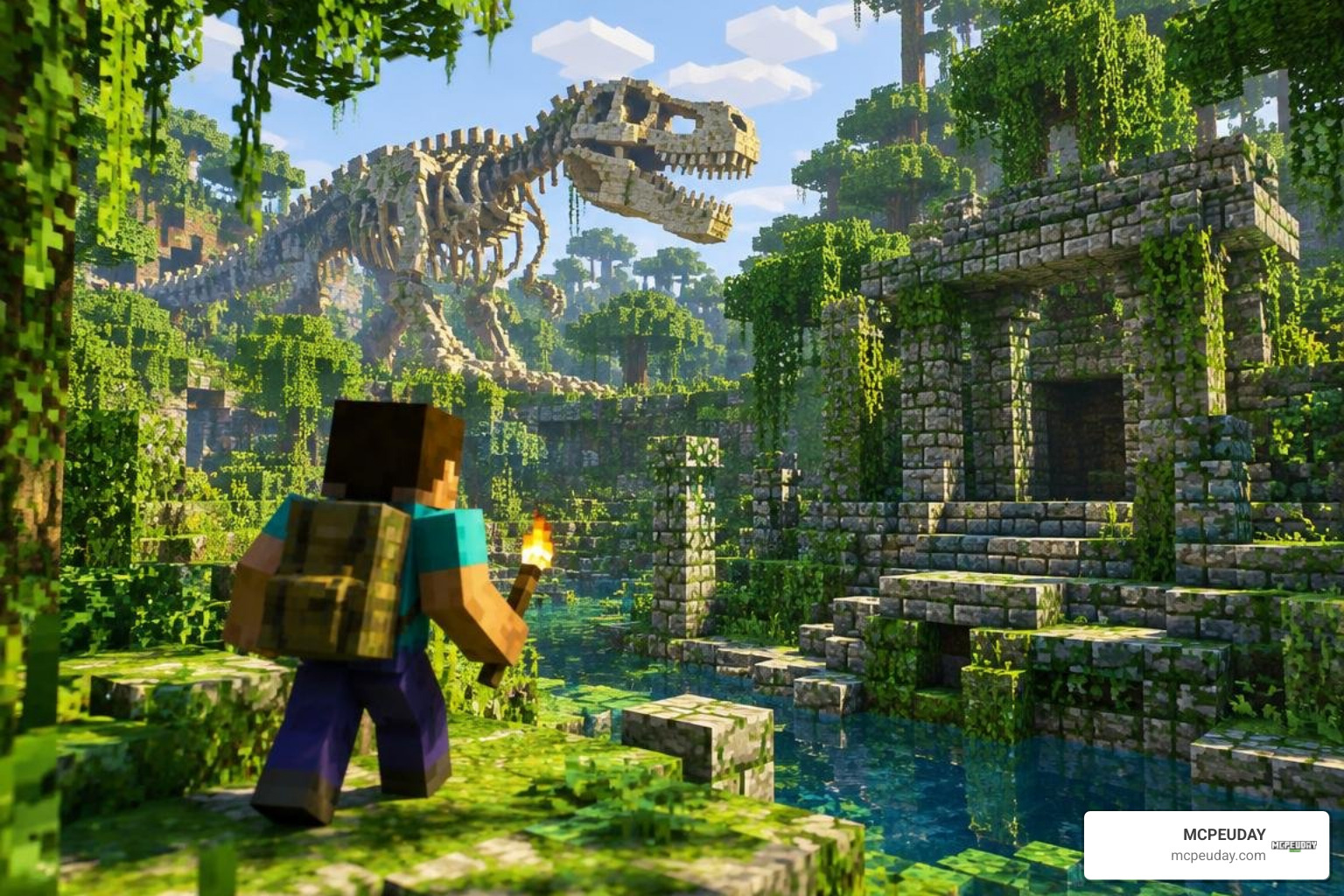 Player exploring prehistoric structures in Minecraft Bedrock