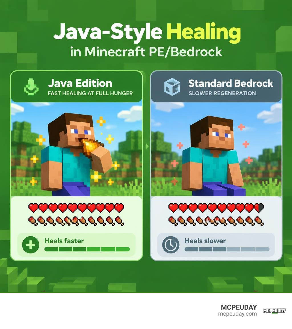 Java Edition fast healing at full hunger compared with slower standard Bedrock regeneration infographic