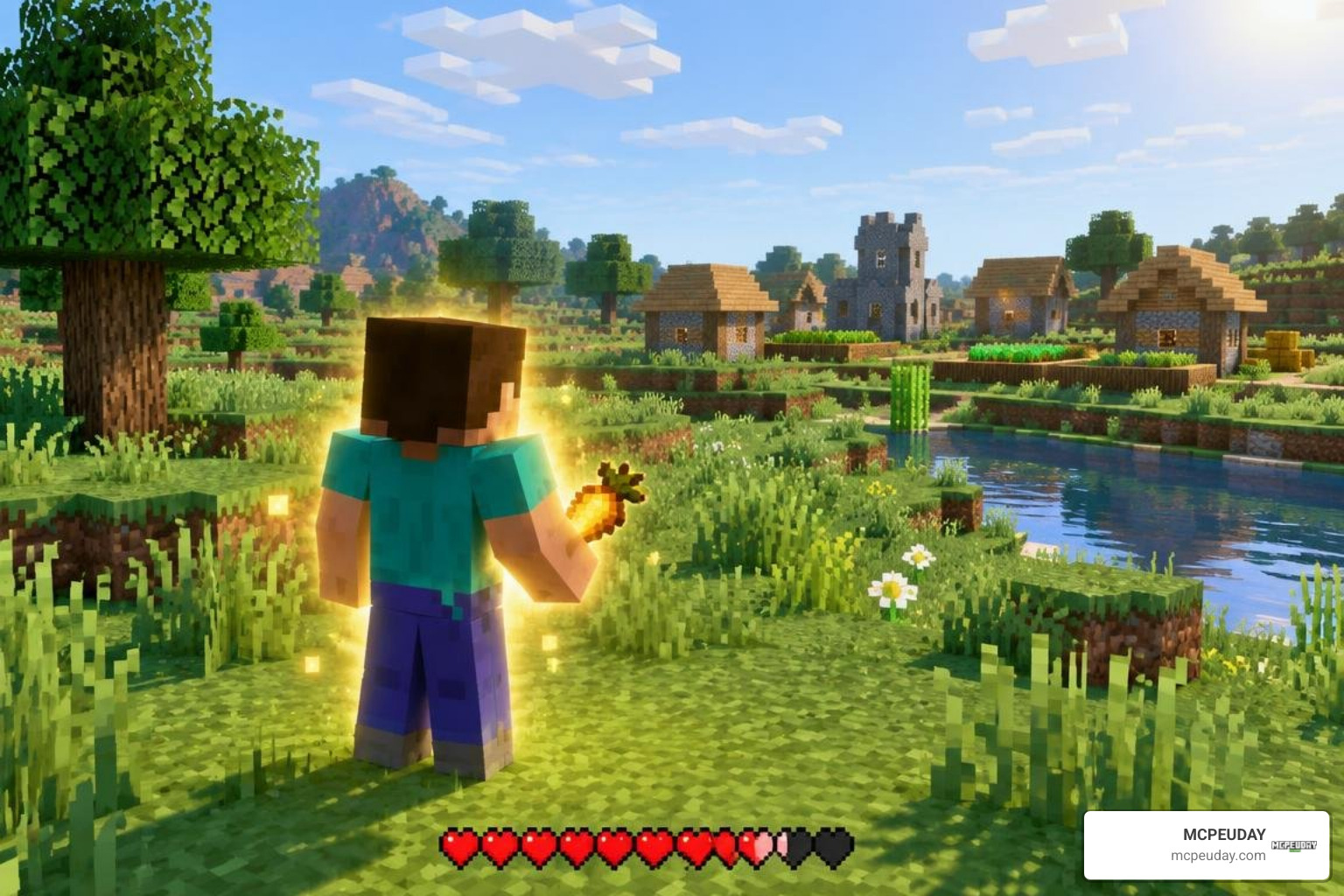 Minecraft Bedrock player eating a golden carrot and regenerating health