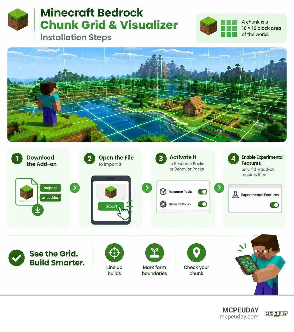 Minecraft Bedrock chunk grid and visualizer installation steps infographic Minecraft Bedrock chunk grid and visualizer installation steps infographic