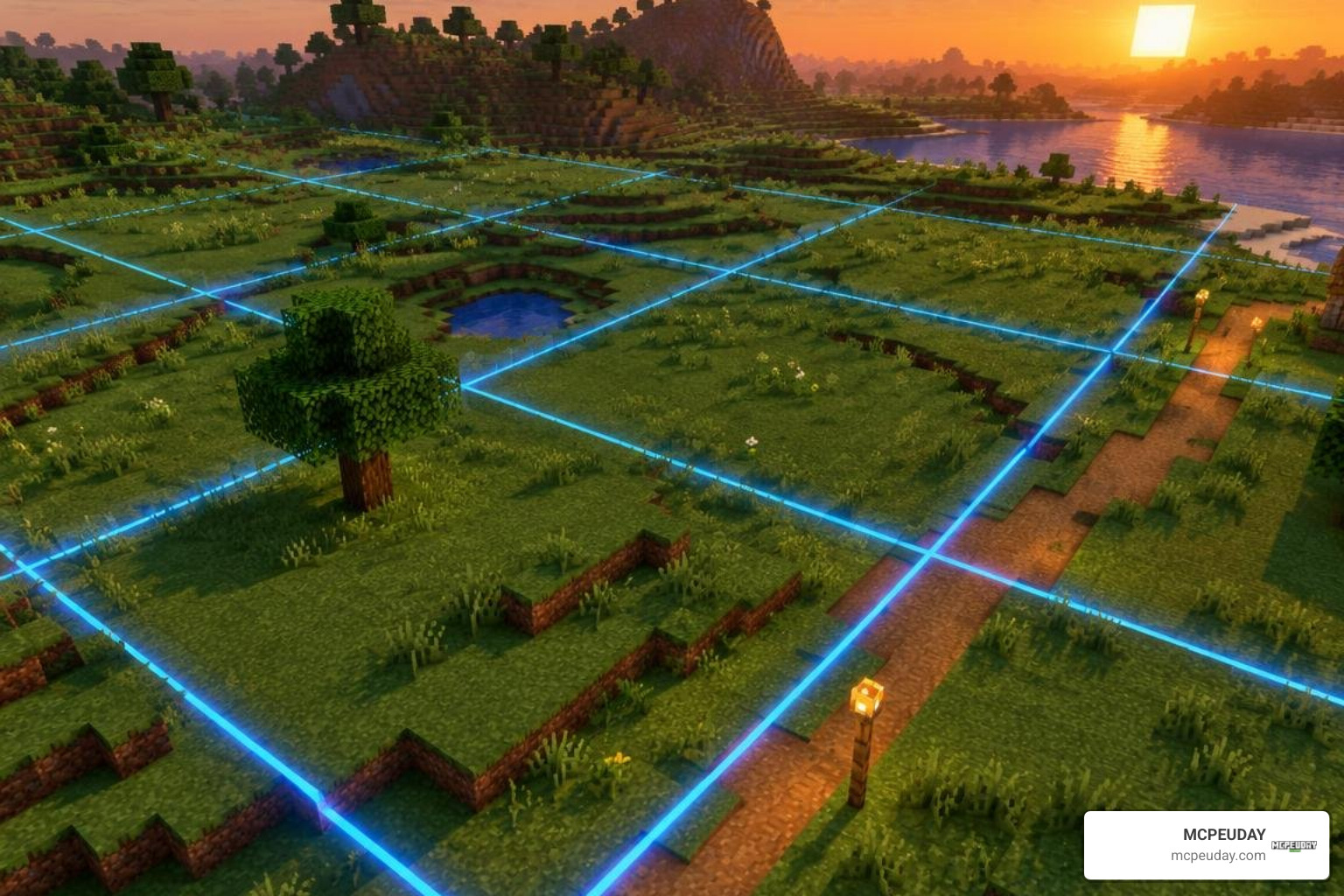 Minecraft Bedrock world with visible chunk grid lines Minecraft Bedrock world with visible chunk grid lines