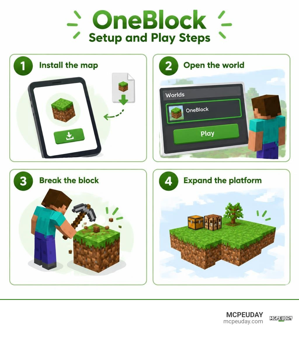 OneBlock setup and play steps: install the map, open the world, break the block, expand the platform infographic