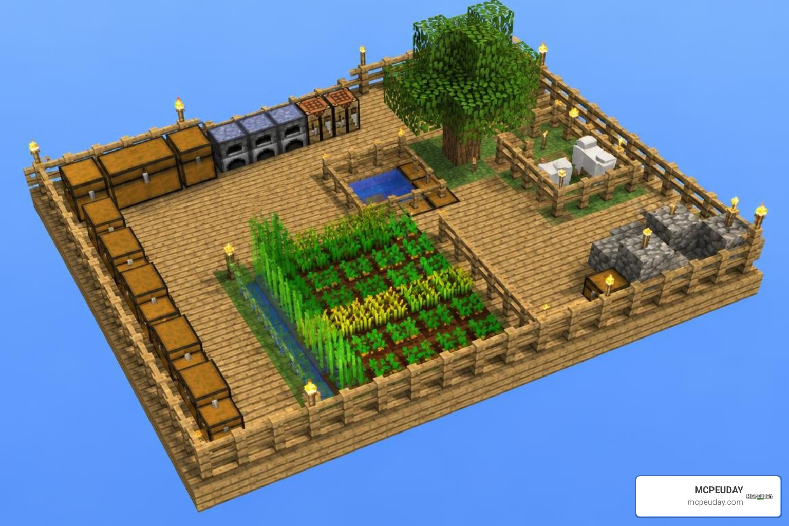 Safe expanded skyblock platform with fences, crafting stations, and organized chests