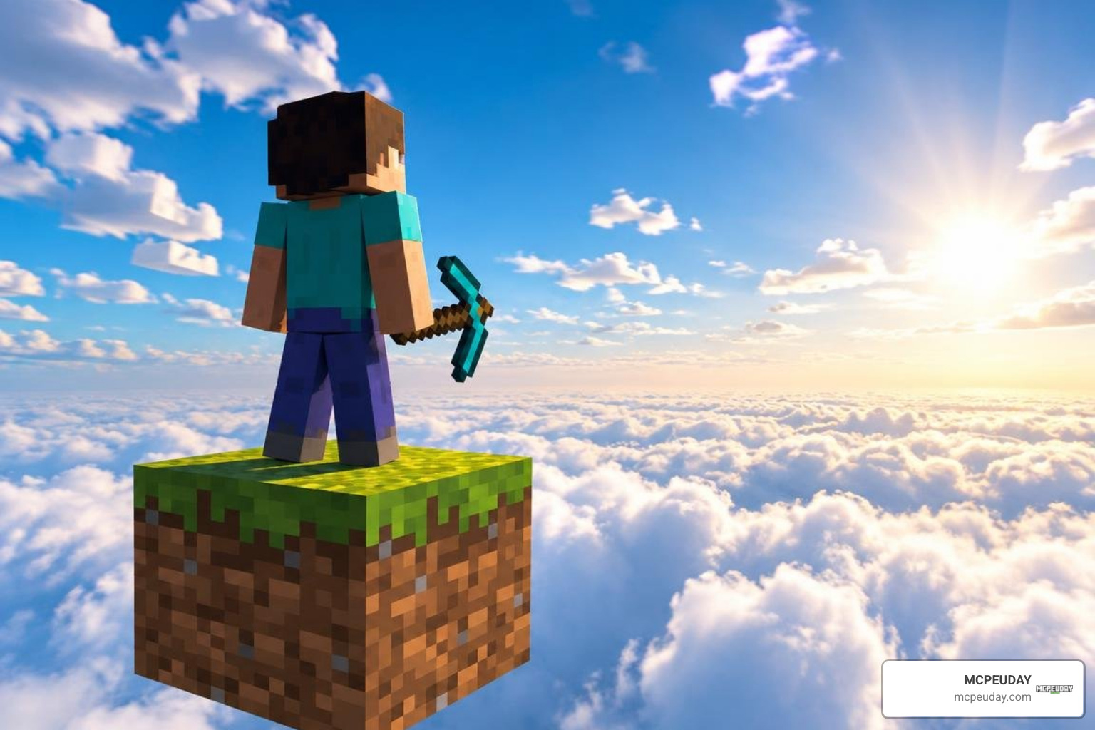 Minecraft player standing on a single floating grass block above the clouds