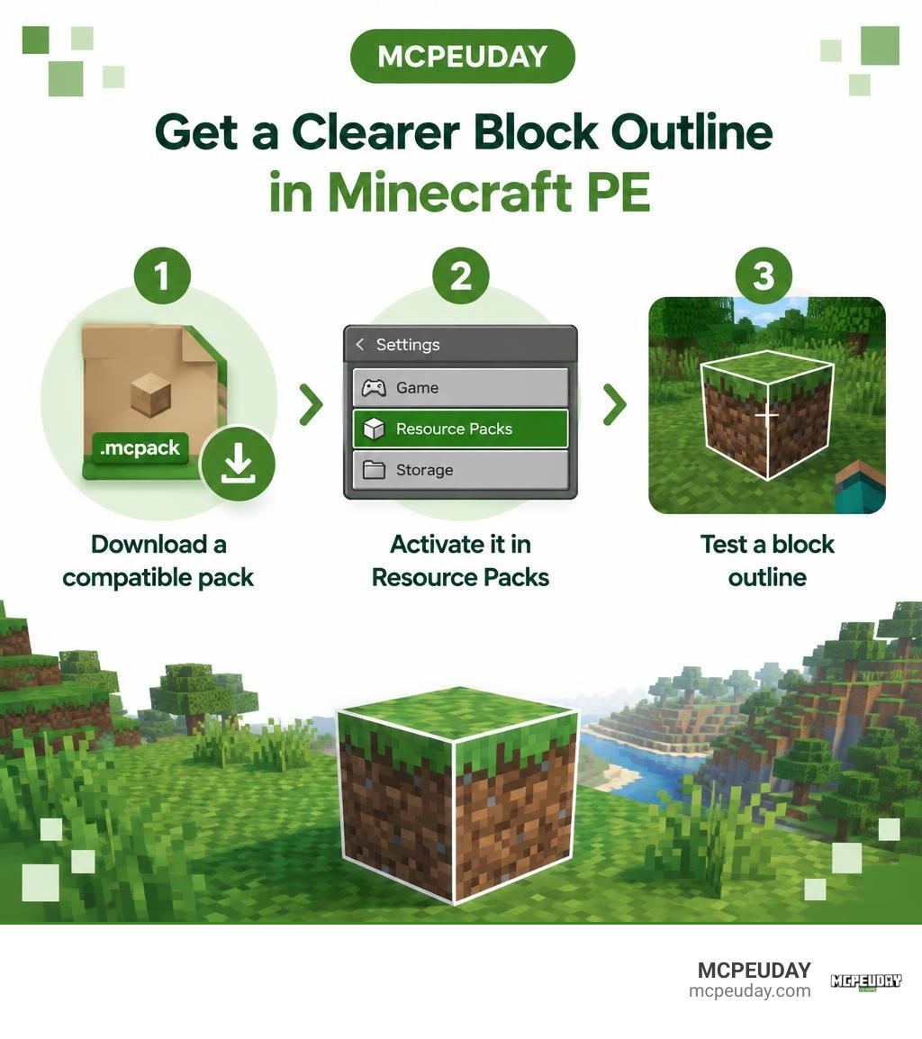Three steps: download a compatible pack, activate it in Resource Packs, and test a block outline infographic