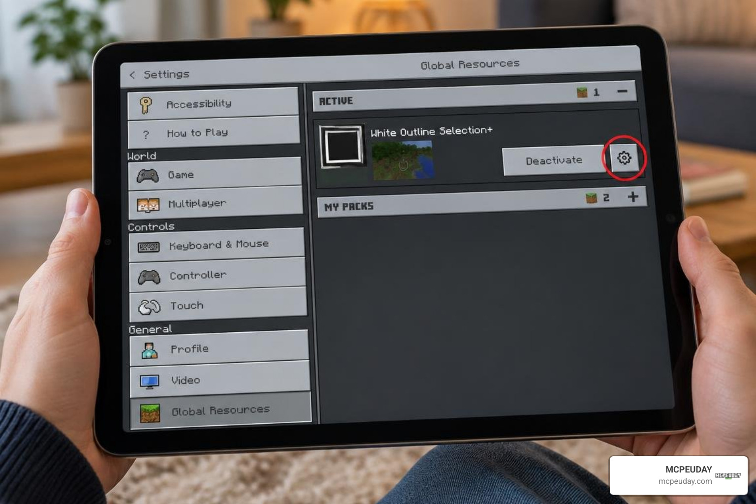 Subpack configuration gear icon in Minecraft Bedrock resource pack settings
