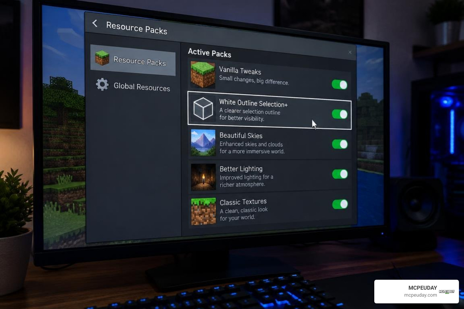 Resource pack management menu showing active Bedrock packs