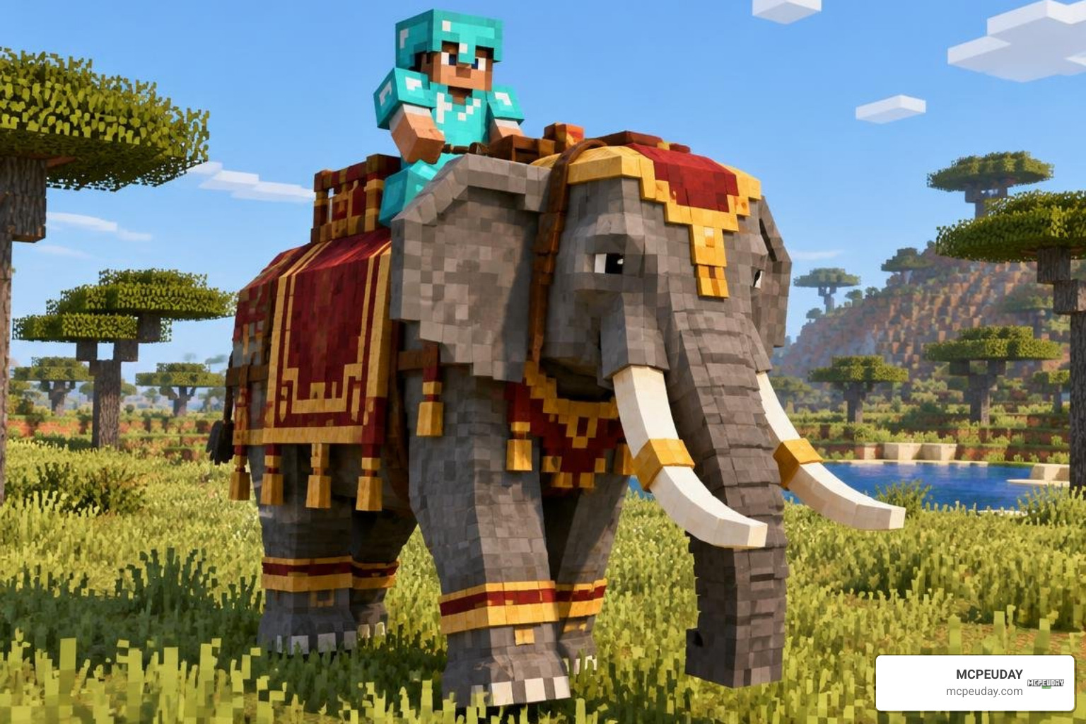 player riding an armored elephant equipped with a custom saddle player riding an armored elephant equipped with a custom saddle