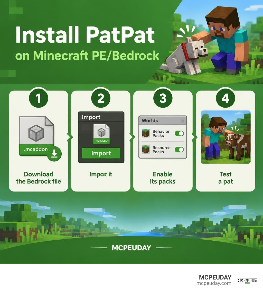 Four steps to install PatPat: download the Bedrock file, import it, enable its packs, and test a pat infographic