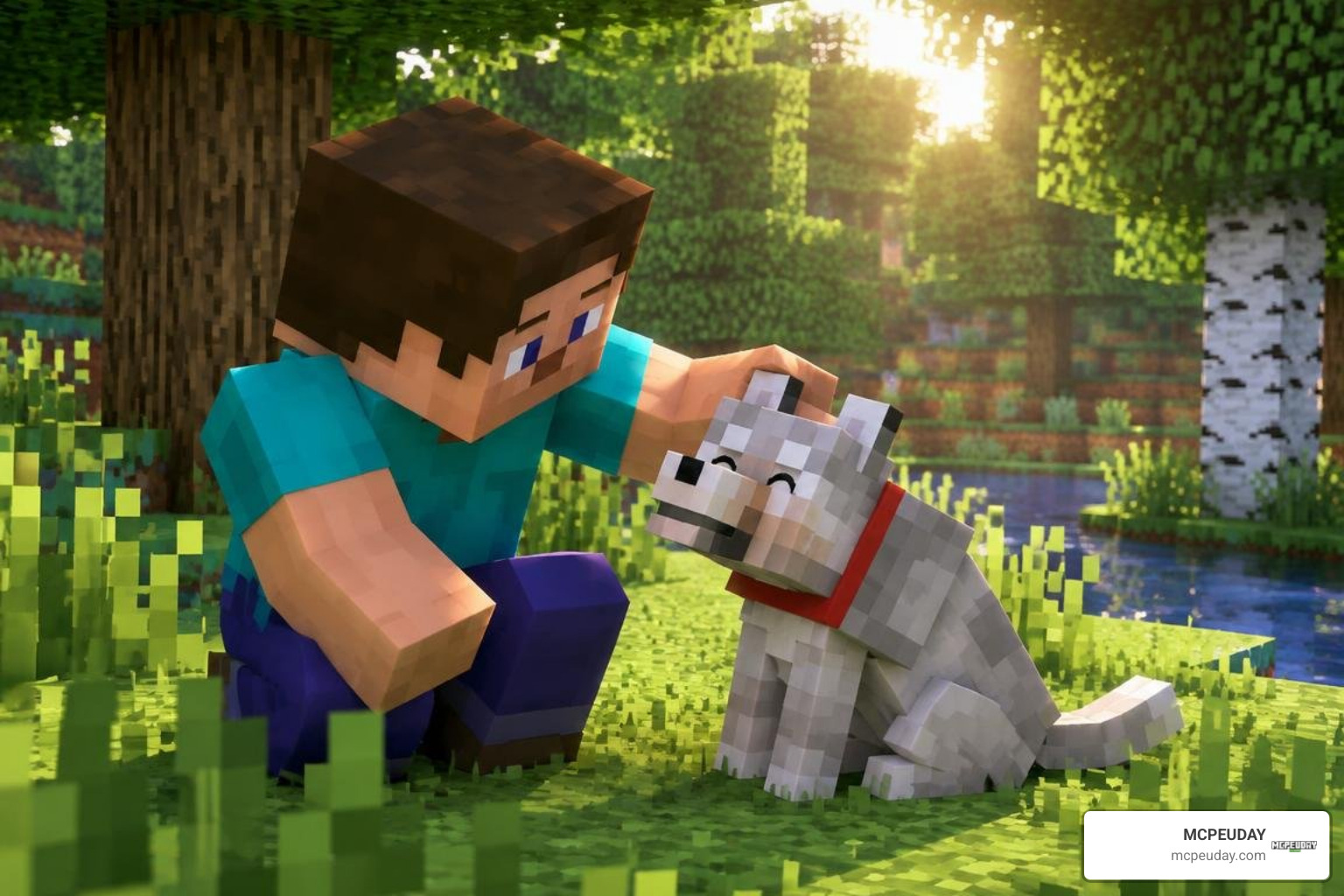 Minecraft player petting a wolf