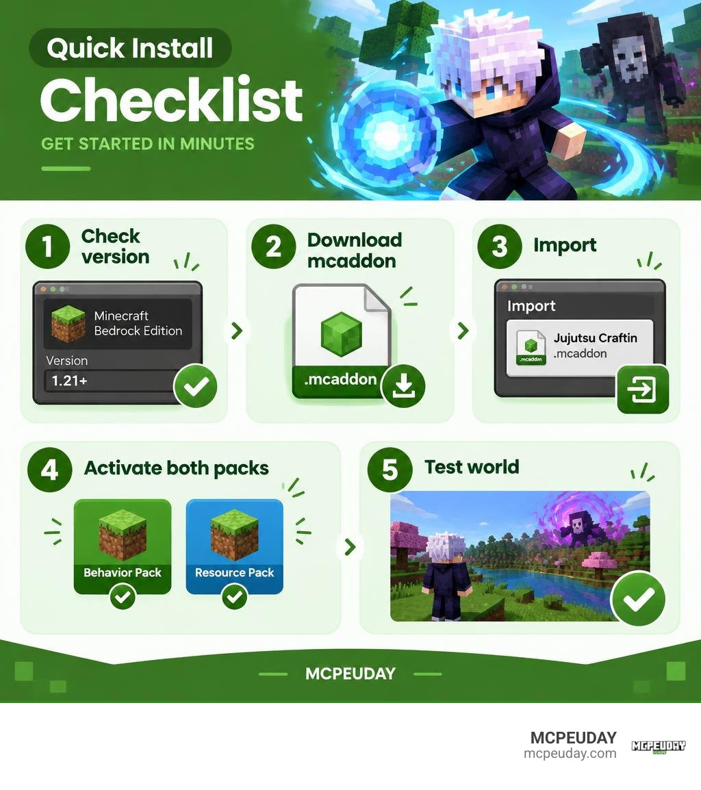 Quick install checklist: check version, download mcaddon, import, activate both packs, test world infographic