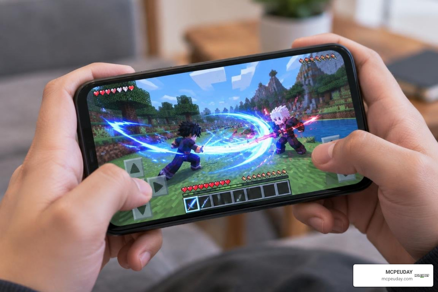 Minecraft Bedrock anime combat on a phone