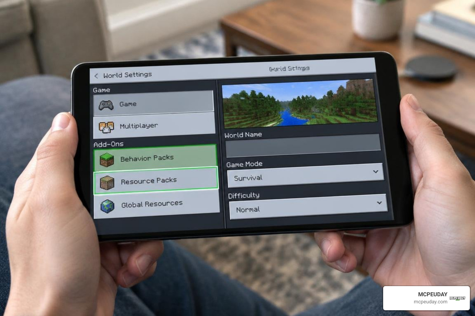 Activating behavior and resource packs in Minecraft world settings