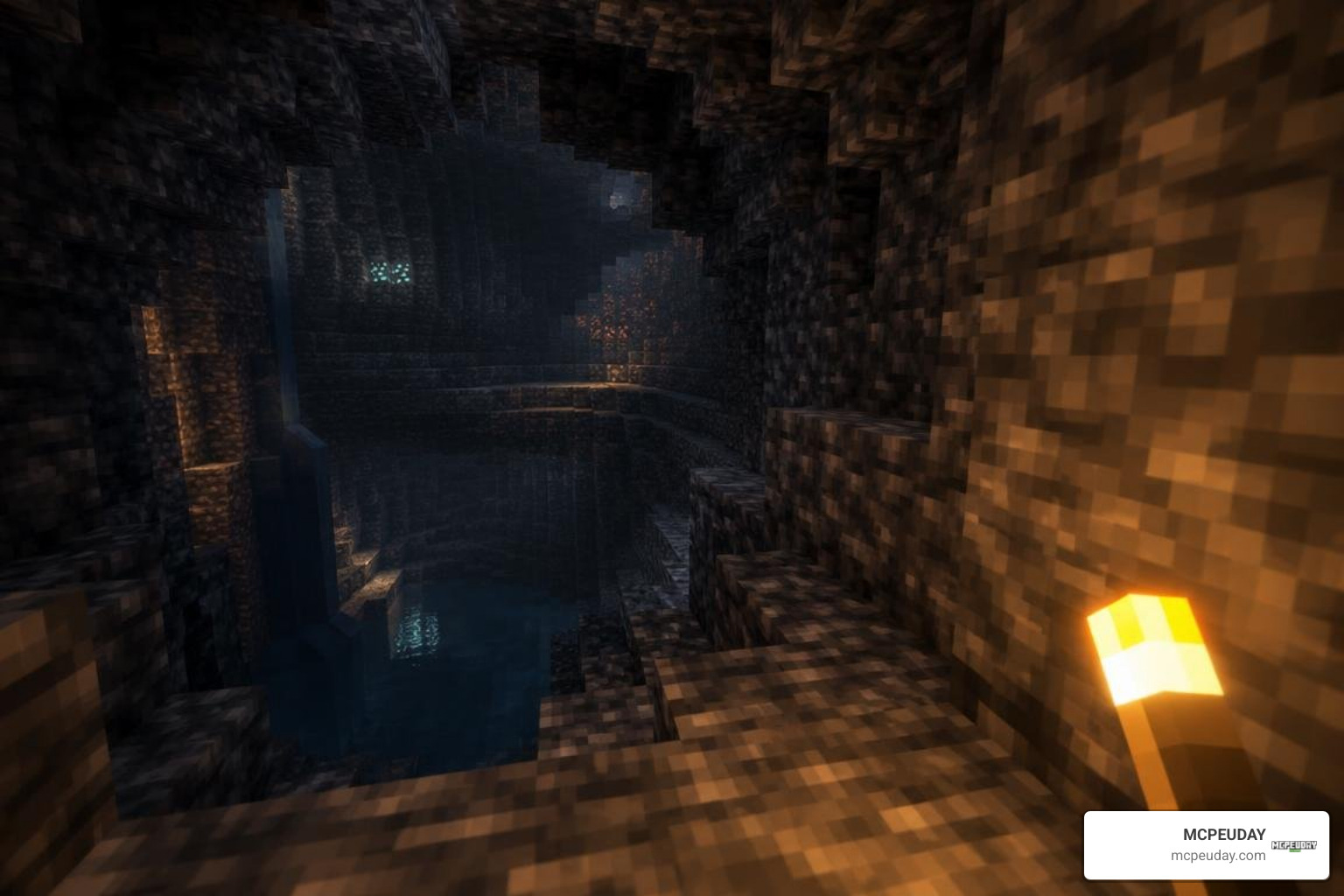 Dynamic handheld torch lighting illuminating a deepslate cavern