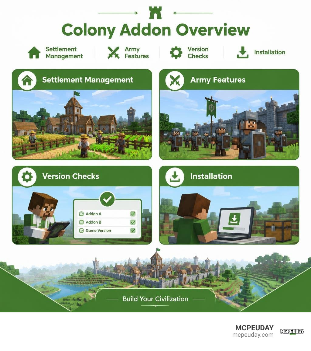Colony addon overview: settlement management, army features, version checks, and installation infographic Colony addon overview: settlement management, army features, version checks, and installation infographic