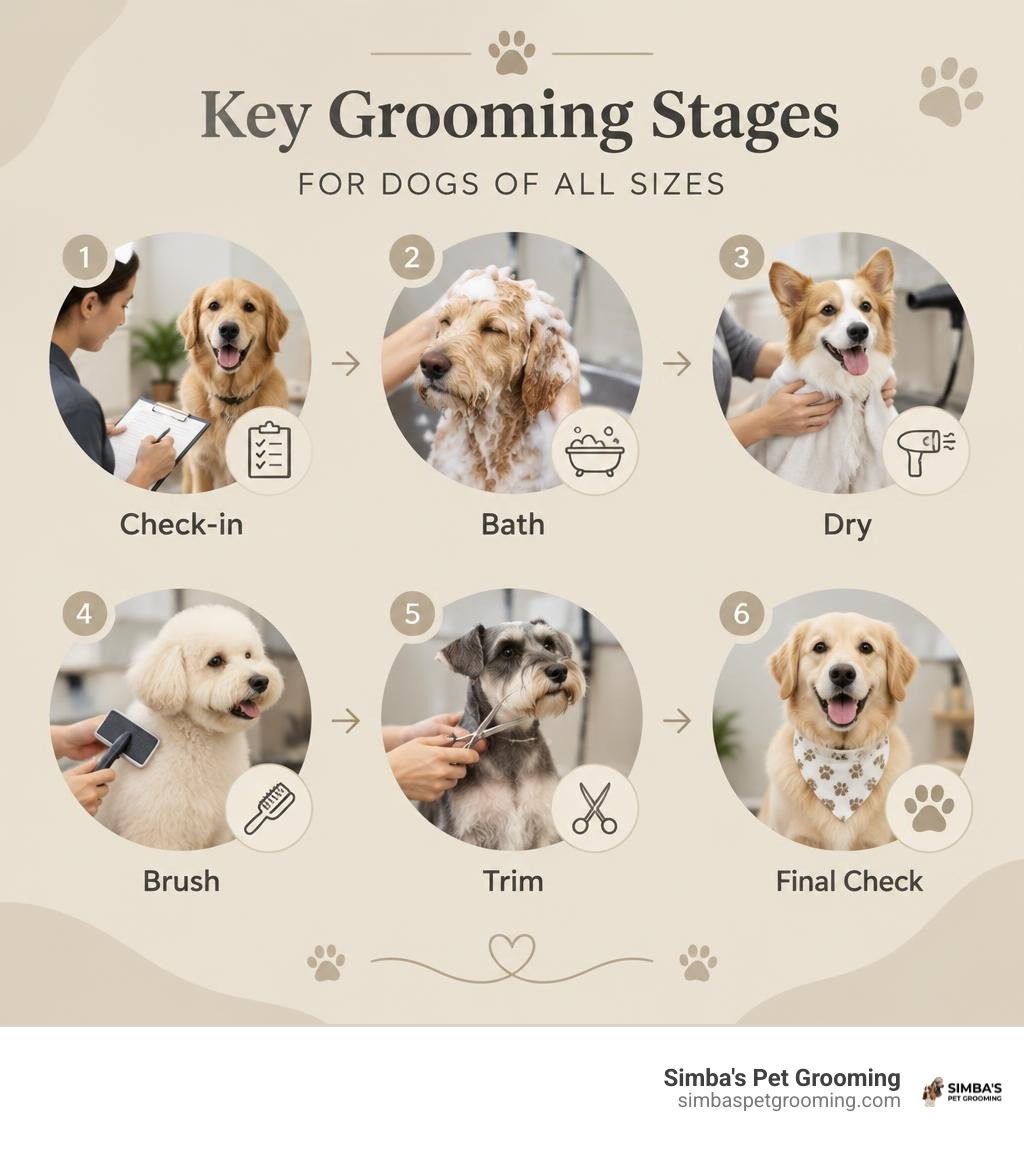 Key grooming stages for dogs of all sizes: check-in, bath, dry, brush, trim, and final check infographic