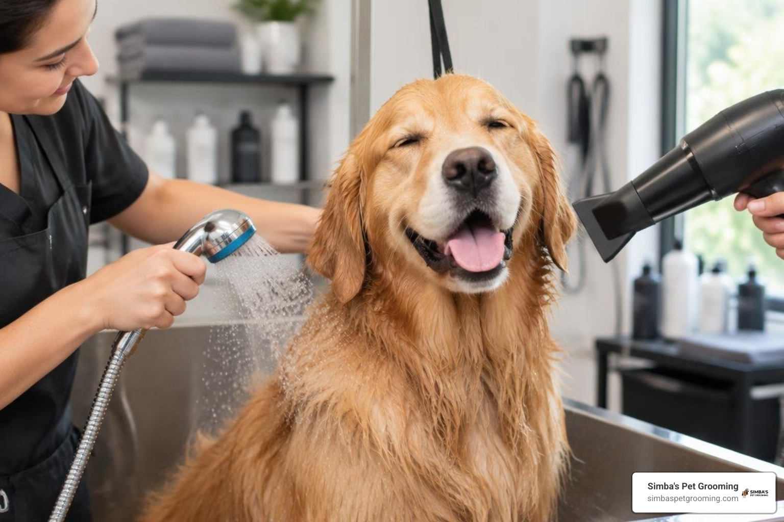 A large dog enjoying a soothing bath and blow dry