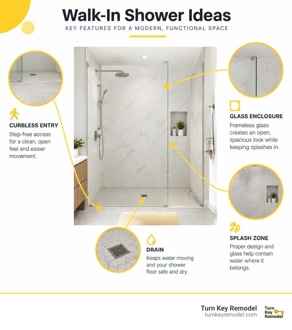 Walk-in shower ideas showing curbless entry, glass enclosure, drain, and splash zone infographic Walk-in shower ideas showing curbless entry, glass enclosure, drain, and splash zone infographic