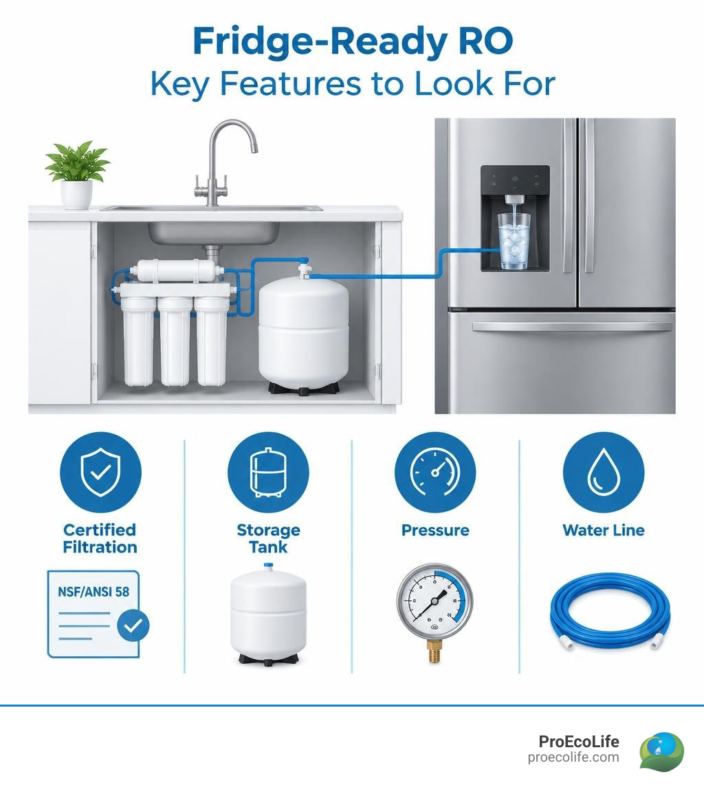 infographic comparing fridge-ready RO features: certified filtration, storage tank, pressure, and water line infographic