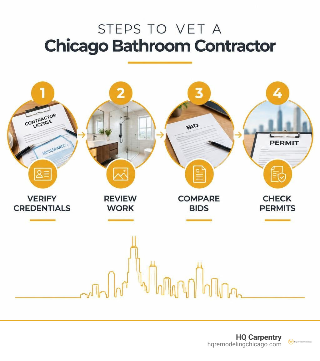 Steps to vet a Chicago bathroom contractor: verify credentials, review work, compare bids, check permits infographic