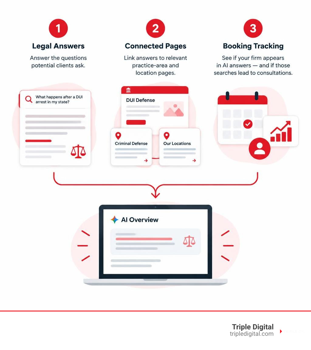 Infographic showing how legal answers, connected pages, and booking tracking support AI Overview visibility infographic Infographic showing how legal answers, connected pages, and booking tracking support AI Overview visibility infographic